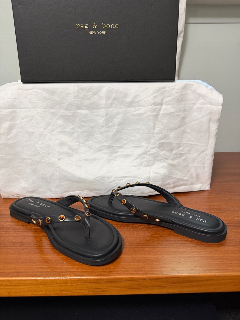 rag & bone Black Thong Sandals with Gold Studs